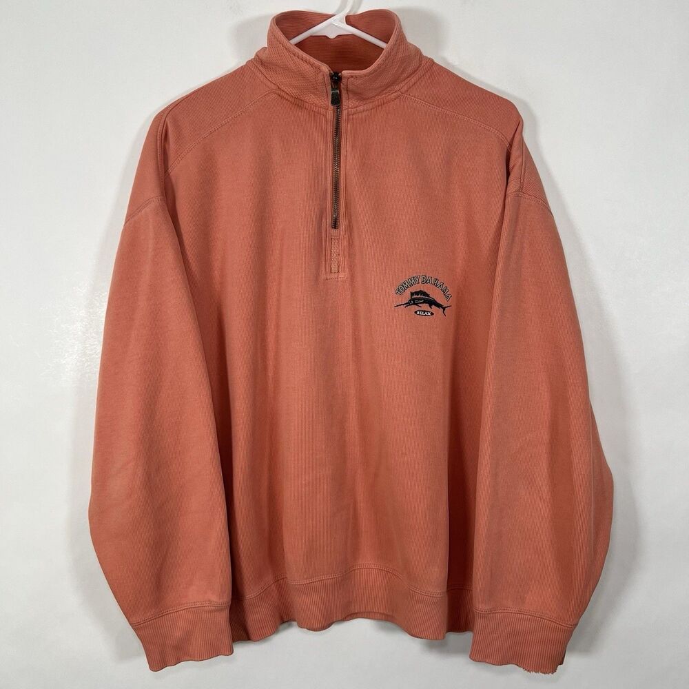 Vintage Tommy Bahama Relax 1/4 Zip Pullover Sweater Mens Size Large Coral Orange
